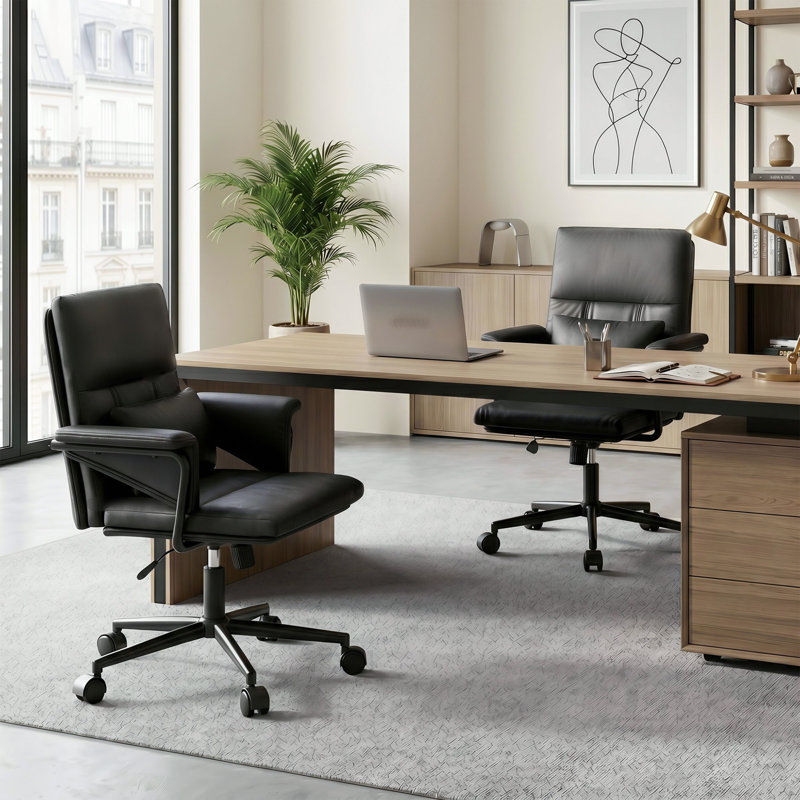 Mid-Back Office Chair with Lumbar Pillow – Adjustable Recline Task Chair, Faux Leather Upholstery for Home & Office, Black