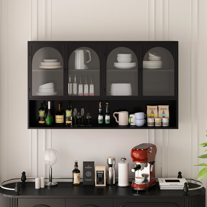 Four-door Glass Wall Cabinet Storage, Black