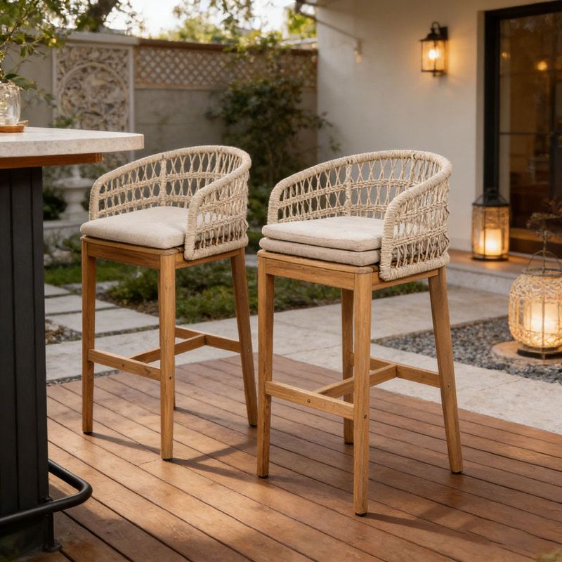 Outdoor Wood and Rope Barstool
