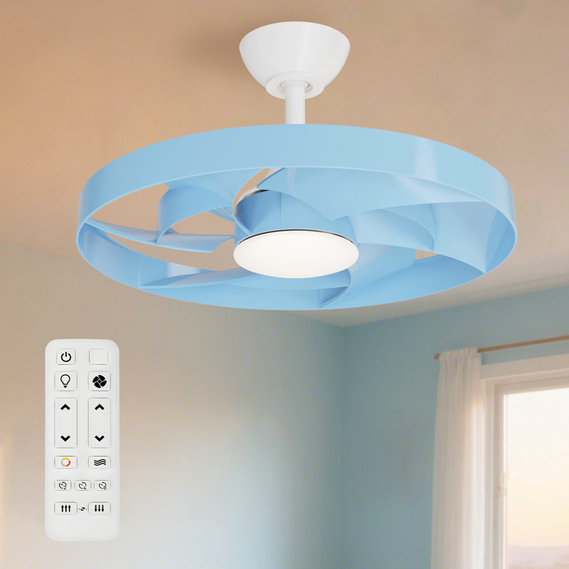 Zippy 22" Indoor White Ceiling Fan with Blue Blades Integrated LED Light and Remote Control, Blue, White
