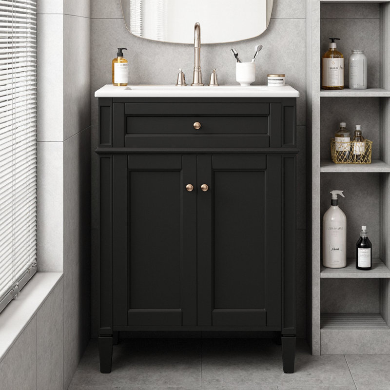 Meuble-lavabo moderne noir 24 po avec lavabo, portes à fermeture douce, tiroir coulissant et armoire de rangement, Noir