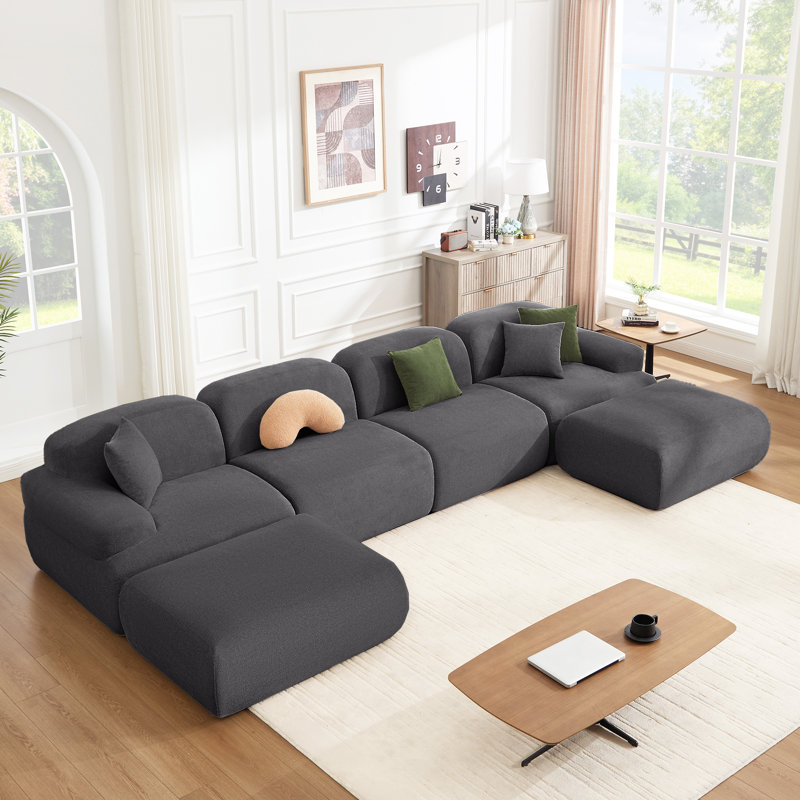 153.5" U Shaped Sectional Compression Chenille Corduroy Modular Sofa Oversized, Gray Polyester Blend