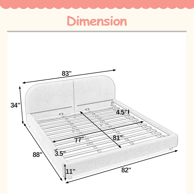 Très grande base de lit tapissier de style très moderne avec tête de lit courbée, tissu de qualité supérieure et support de pieds robuste, matelas non inclus