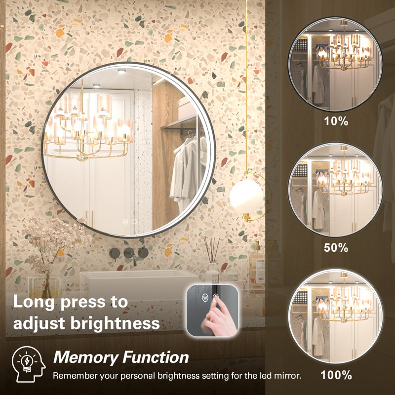 Akhiya Black Metal Frame LED Round Vanity Mirror with Lights, with Anti-Fog Dimmable Function, 28" x 28"