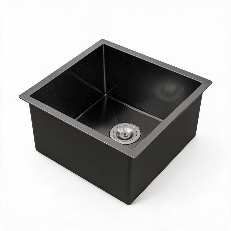 Évier de cuisine encastré à une cuve en acier inoxydable noir de 45,7 cm (18 po) avec bonde à grille et crochet.