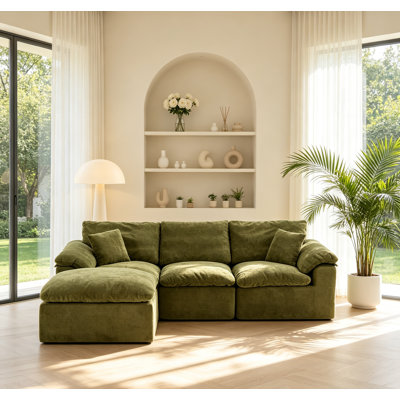 102" Boneless Cloud Couch Sectional Sofa with Movable Ottoman, Oversized Modular L-shaped Sofa with 2 Pillows, Deep Seat Chenille Sectional Couch for Living Room, Apartment, Bedroom