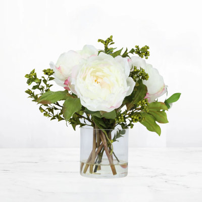 Faux Peony Arrangement In Glass Vase