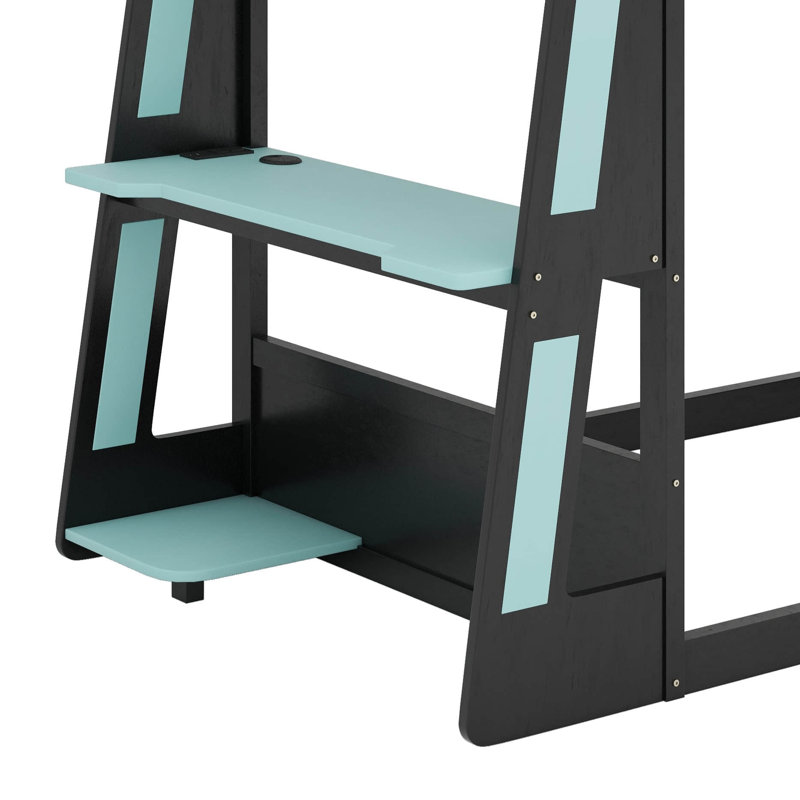 Lit superposé double en bois pleine grandeur avec bureau, tablettes, USB et lumière DEL, Lit superposé double sur double