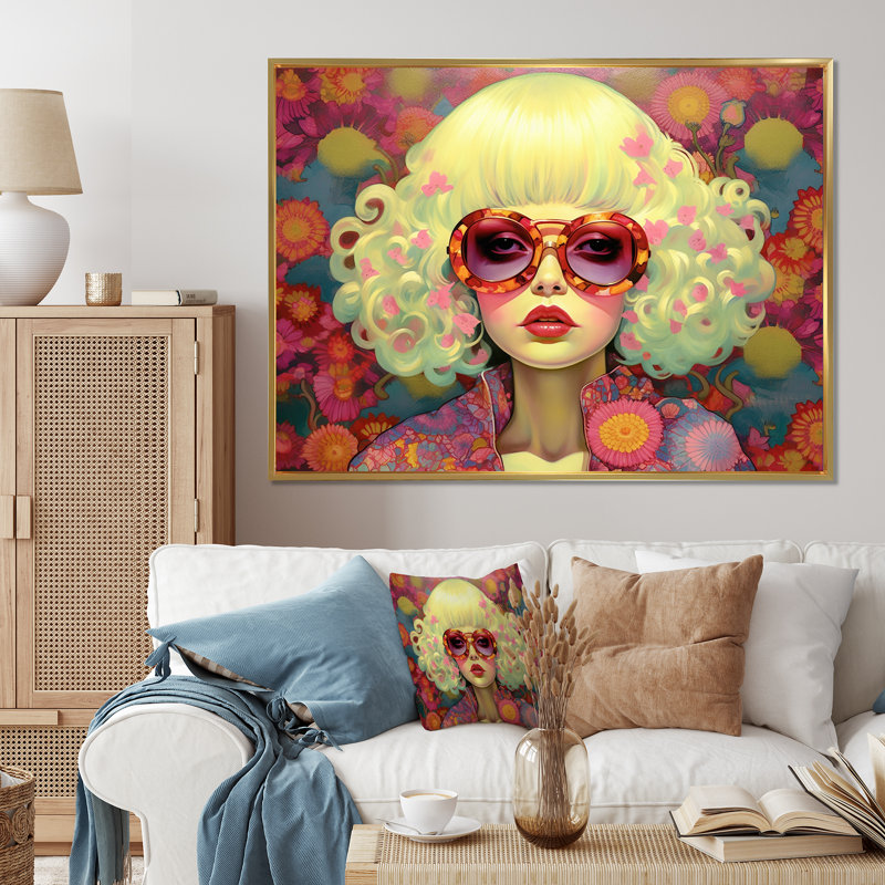 «Retro Cool Discopunk Queen» sur toile, Cadre flottant doré, H 30 po x l 40 po x P 1,5 po