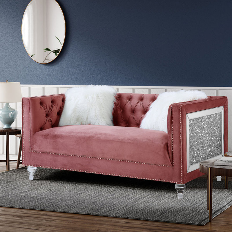 Causeuse Addiel avec 2 coussins en velours gris, Velours rose
