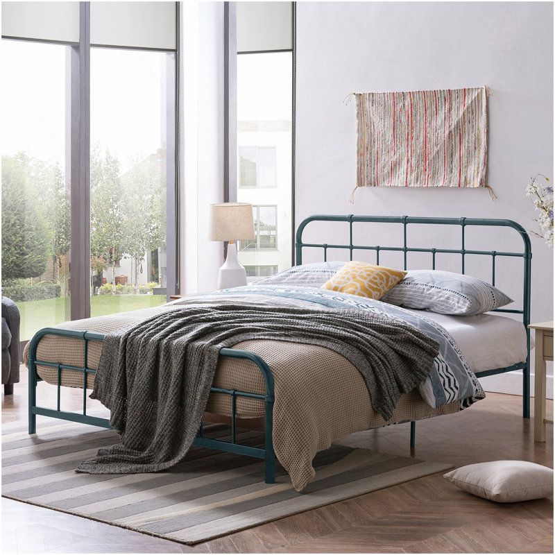 Grand lit en métal avec tête de lit et pied de lit arrondis, bleu, Bleu antique