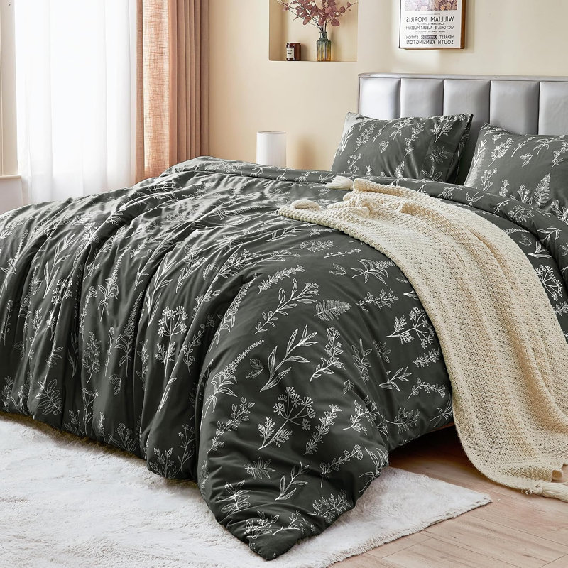 Ensemble de housse de couette réversible à motif floral Queen 3 pièces, literie en microfibre douce 90" x 90", Dark Gray