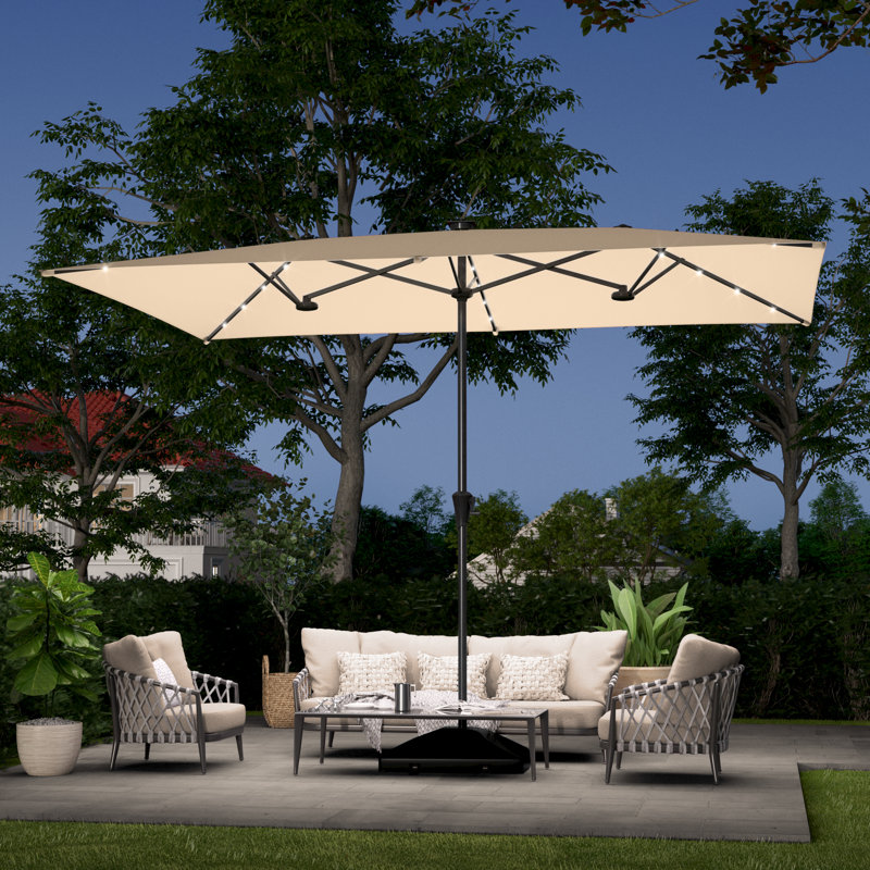 Grand parasol de marché extérieur DEL rectangulaire à double face DEL, H 7 pi 8 po x l 10 pi 8 po x P 6 pi 9 po, Beige