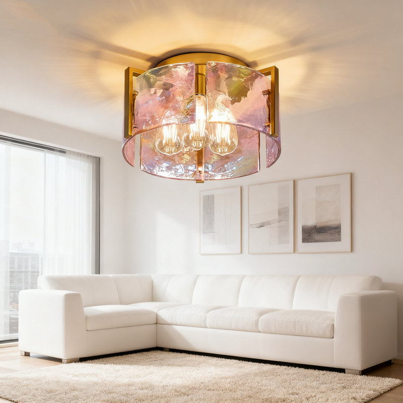 Plafonnier encastré doré avec abat-jour en verre irisé fait à la main, éclairage tambour moderne de style Mid-Century pour la cuisine, le couloir, la chambre à coucher, la salle de bain