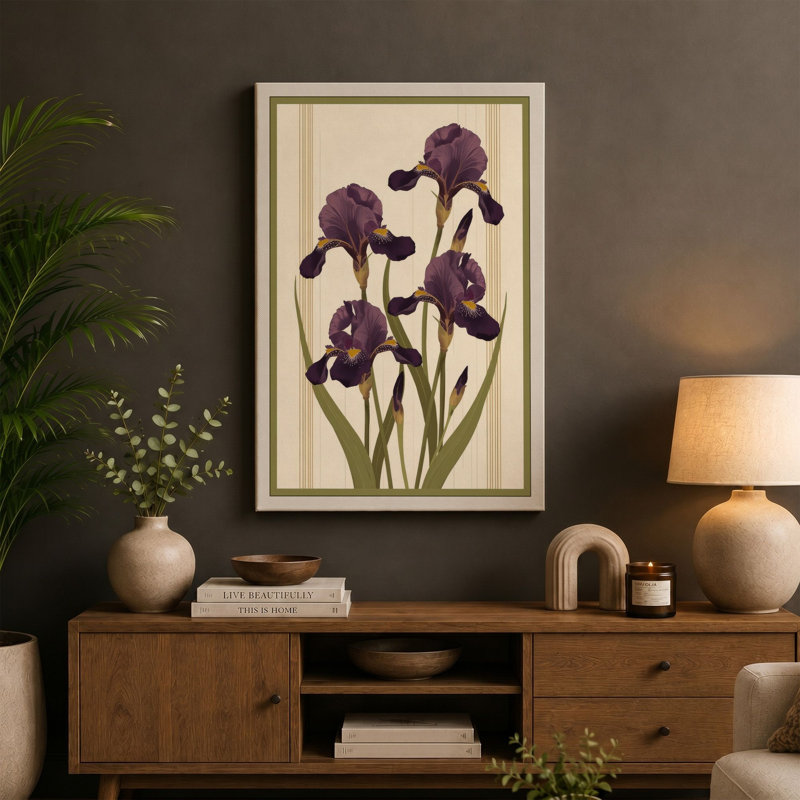 Purple Irises Study Botanical - Wrapped Canvas, 18x12 - 45.7 x 30.5 cm, Sage Border