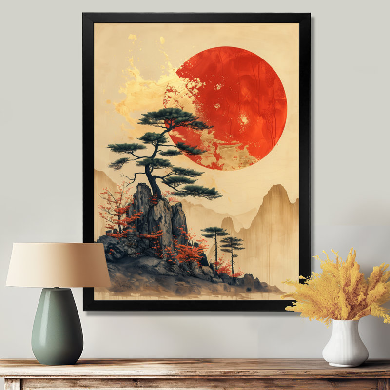 Décoration murale noire, orange, Japon, bonsaï, Japon, H 32 po x l 16 po x P 1 po, Toile encadrée noire simple