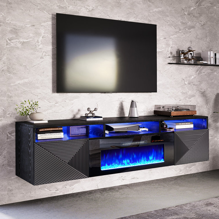 Bhhatu Modern Floating Fireplace TV Stand with Storage & High Gloss Geometric Doors