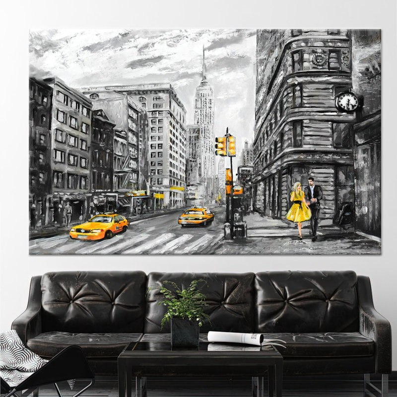 Romantic Couple Amidst New York Cityscape Abstract Wall Art, 43" H x 63" W, Wrapped Canvas