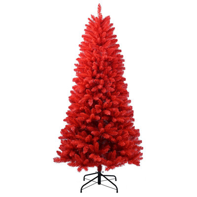 7FT Red Christmas Tree – Pure Red PVC Tree With 1066 Tips, Hinged Branches For Easy Setup, Stable Metal Stand, Bold Holiday Decoration