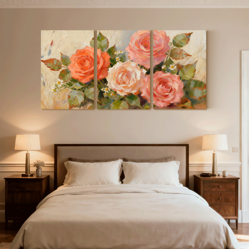 Ensemble de 3 reproductions d'art sur toile, roses et feuilles, H 18 po x l 36 po