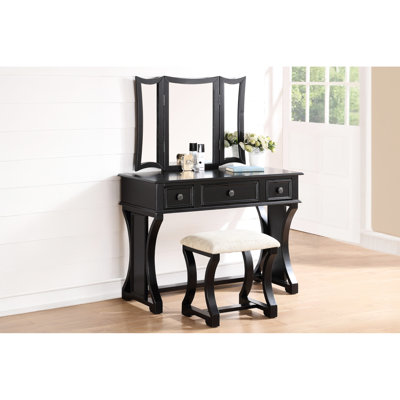 Modern Bedroom Vanity In Black With Stool, 3 - Drawer Table And Foldable Mirror, Pine Frame, Particle Board ,  Contemporary W/ Drawers Wood, Veneer, 19 Inches