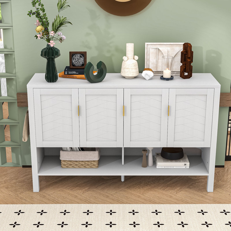 Storage Sideboard with 4-Door Design, Adjustable Shelves, Open Shelf and Dual-Sided Hooks, White