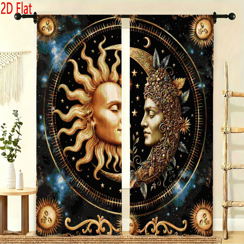 2 Piece Celestial Sun And Moon Window Curtains Set Vintage Mystical Decorative Drapes For Bedroom Living Room Artistic Fantasy Galaxy Themed Home Decor Drapery Panels With Rod Pocket Soft Fabric