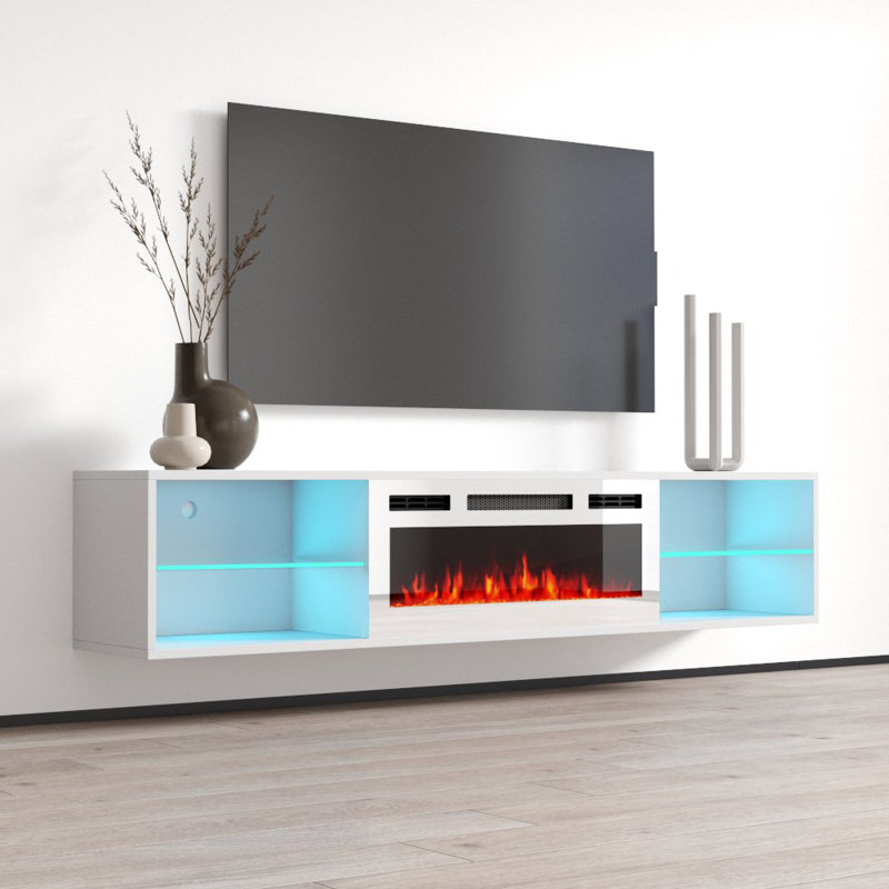 Seroka Modern Floating Wall Mounted TV Stand for TVs up to 88" with Electric Fireplace Included, White