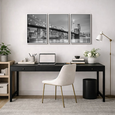 «Architecture Bridge», pont de Manhattan à New York, art moderne, photographie contemporaine en noir et blanc, impression sur toile encadrée, 3 pièces, art mural 16 po x 24 po x 3, 24 po x 36 po x 3