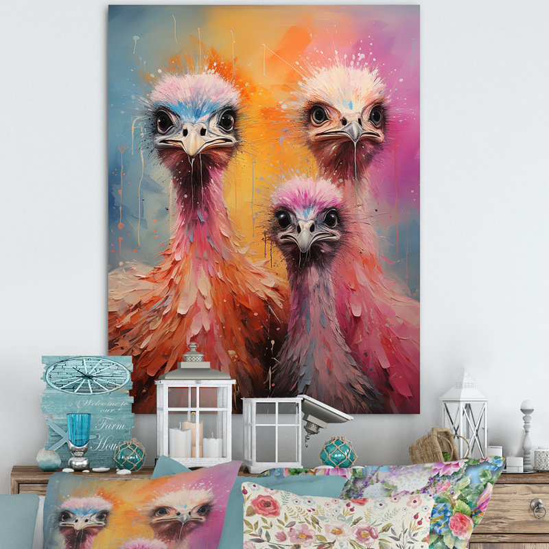 Portraits d'autruche fantaisiste, H 20 po x l 12 po x P 1 po, Toile tendue