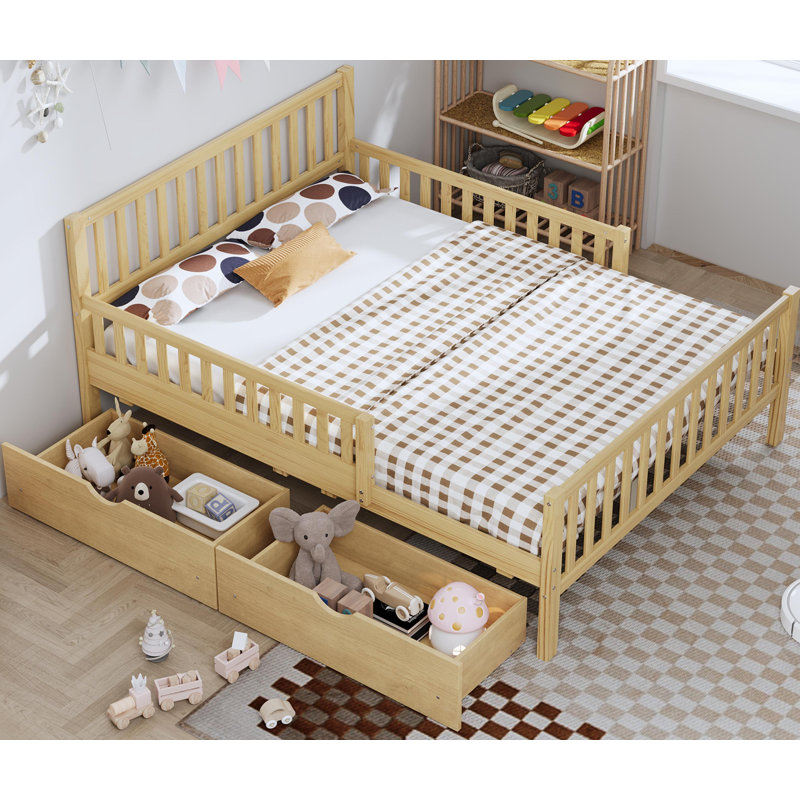 Full Size Wood Platform Bed With Guardrails On Both Sides And Two Storage Drawers