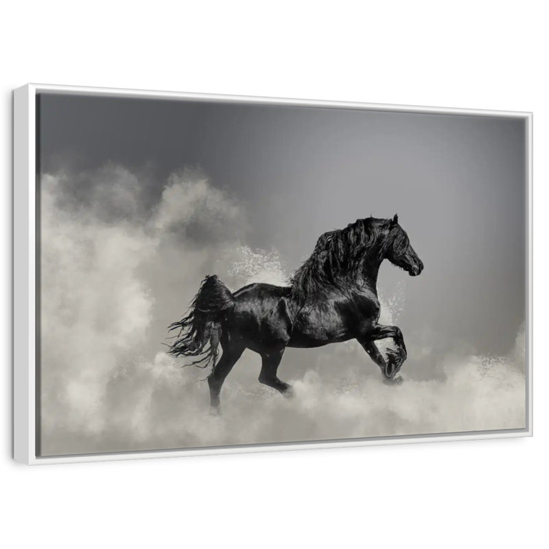 Cheval frison noir au galop, Cadre flottant blanc, 19 po x 13 po
