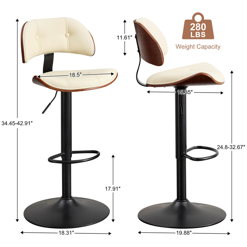Swivel and  Adjustable Height Bar Stool with Footrest, 2, Beige Seat/Black Frame