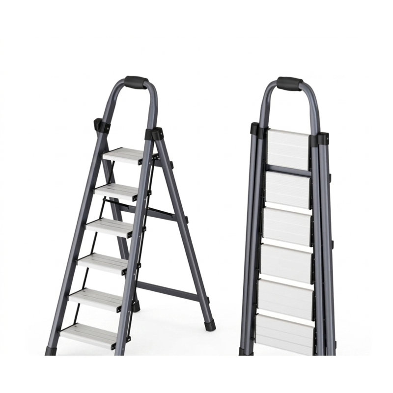 Escabeau pliant à 6 marches avec main courante, larges pédales antidérapantes, conception pliable peu encombrante, structure triangulaire stable, échelle en acier au carbone pour la cuisine, le placard, le bureau, modèle gris Th6step