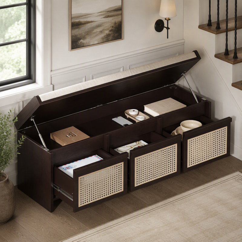 Banc de rangement rétro de 122 cm avec tiroirs en rotin et coussin capitonné, Espresso / patchwork, Espresso