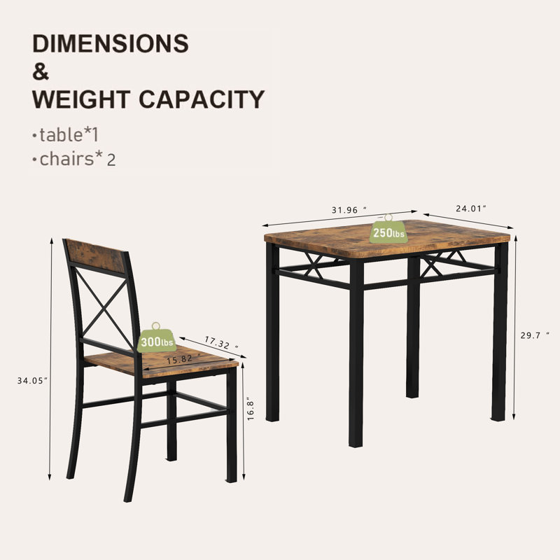 Ensemble de table de salle à manger compact brun rustique pour 2 personnes | Table de cuisine en bois et acier avec chaises | Ensemble de coin-repas pour petit espace