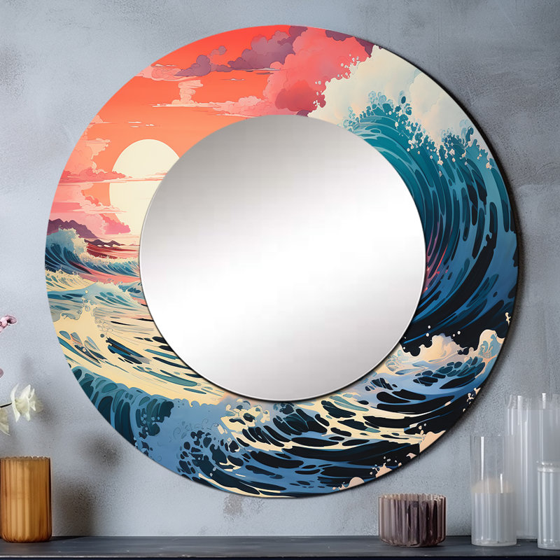 Dramatic Ocean Waves II - miroir bord de mer, miroir mural rond corail, impression d'art en métal, 29 po x 29 po