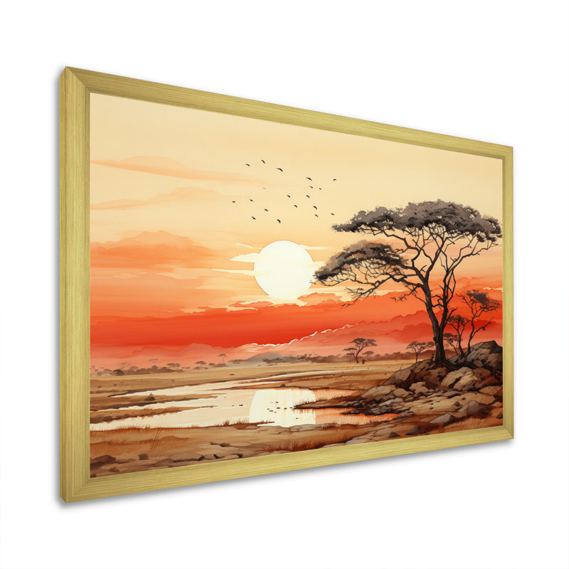 Orange, jaune, paysage africain, impressions sur toile, H 30 po x l 40 po x P 1,5 po, Encadrement doré