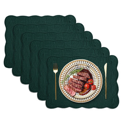 Quilted Placemats Set Of 6, 100% Cotton 13"X18" Table Mats Farmhouse Style, Rectangle Reversible Tabletop With Scalloped Edges For Kitchen Dinner Party Holidays, Dark Green, Machine Washable