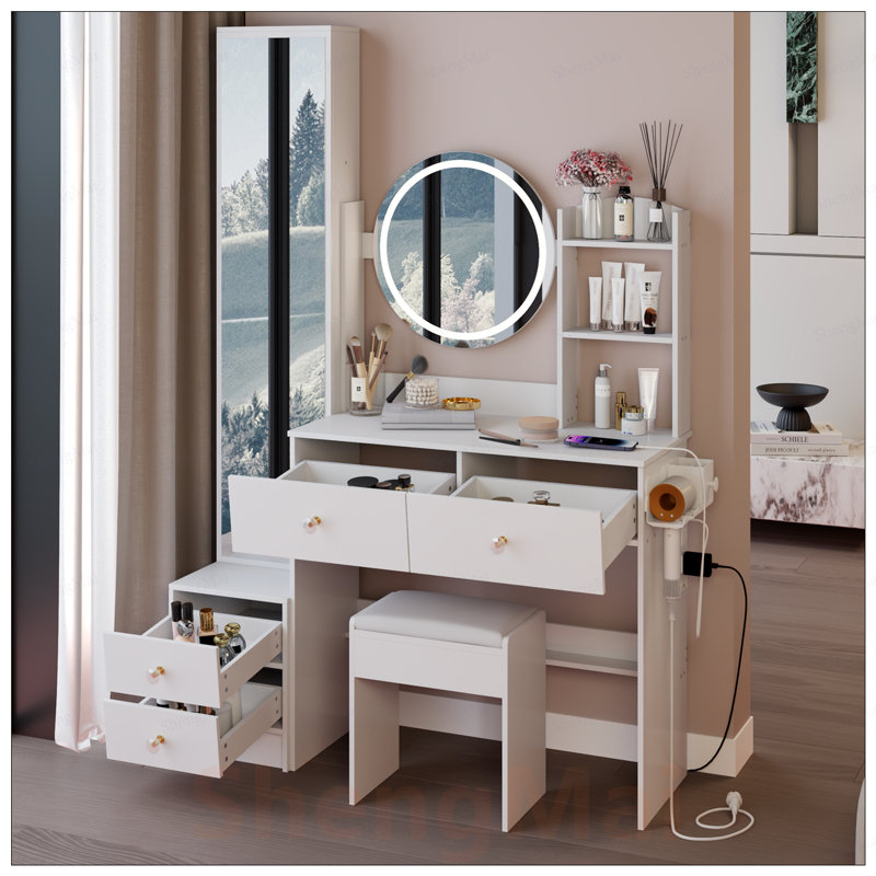 Full Body Mirror Cabinet with LED Vanity Table, Cushioned Stool, and Power Station, Touch Control, Adjustable Brightness, Large Desktop