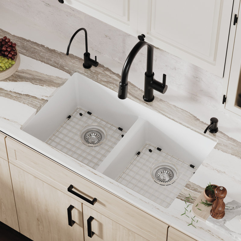 Karran Quartz 32'' X 19-1/2'' Double Bowl 50/50 Undermount Kitchen Sink Kit, White