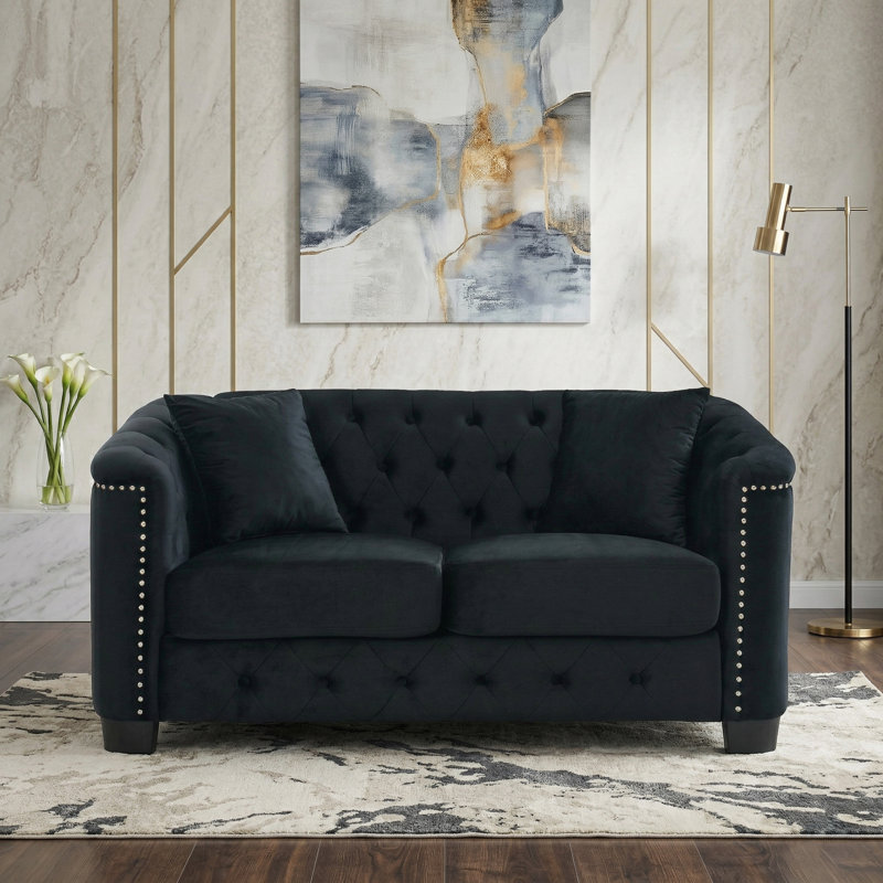 59" Velvet Chesterfield Loveseat with Rolled Arms, Nailhead Trim, and Toss Pillows, Black