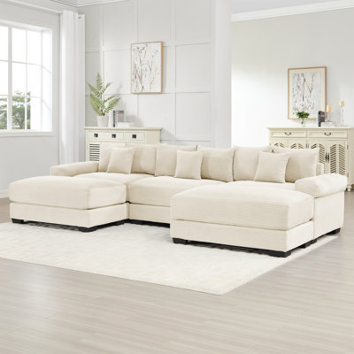 130"  Oversized Cloud Modular Sectional Couch, Premium Corduroy Fabric, 3-Seater Deep Seat Wide Armrests,  With Chaise,Ergonomic Design, Easy Assembly For Lounges Living Room,Beige