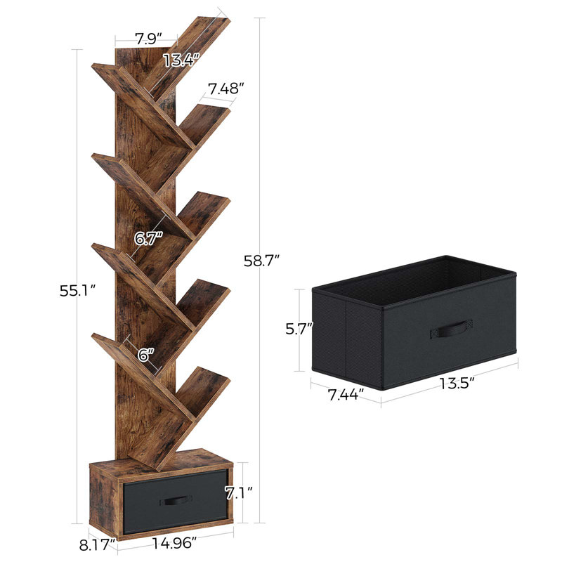 Tree Bookshelf with Drawer Bookcase, Modern Book Storage, Free Standing Tree Bookcase, Utility Organizer Shelves for Home Office, Living Room, Bedroom, Rustic Brown