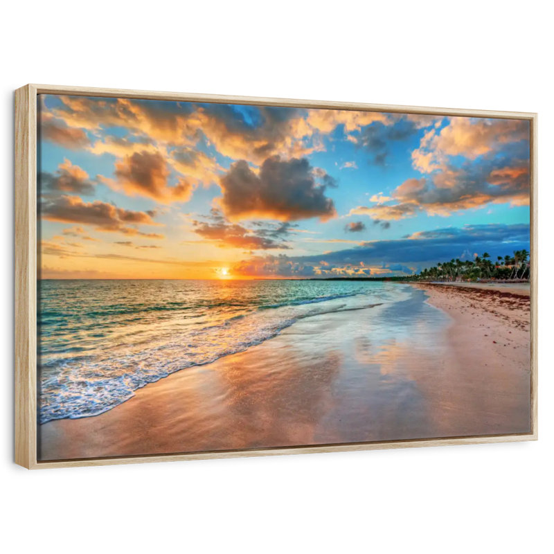 Coucher de soleil paisible à Ayotte, Cadre flottant en bois naturel, 46 po x 31 po