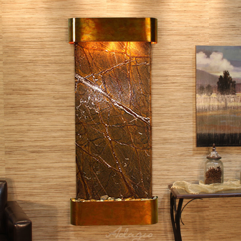 Brown Rainforest Marble Waterfall Wall Fountain with Rustic Copper Frame