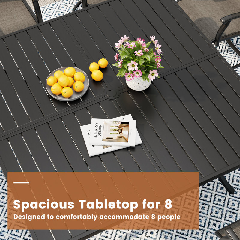 8-Person Square Outdoor Dining Set with 59" Metal Dining Table and 8 Rattan Dining Chairs, Black/Walnut