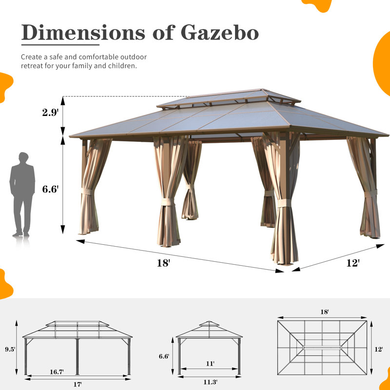 18 Ft. W x 12 Ft. D Aluminum Hardtop Gazebo, Permanent Pavilion with Curtains and Netting, Outdoor Double Roof Canopy, Designed for Garden, Lawns, Patio, Brown