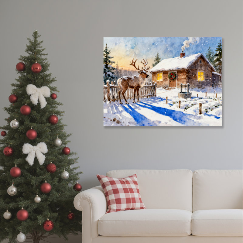 «Winter Cabin Deer», art mural sur toile, H 24 po x l 36 po