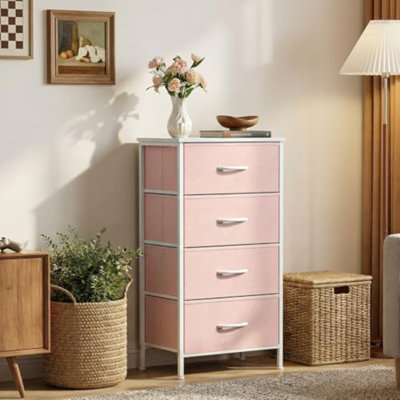 Commode de chevet pour petite chambre à coucher avec 4 tiroirs en tissu, table de bout pour meuble de chevet, commode avec table de chevet en bois pour placard, vestibule, dortoir, rose